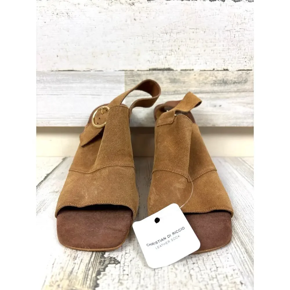 Christian Di Riccio Womens 7.5 Brown Suede Open-Toe Buckle Heeled Sandal NEW